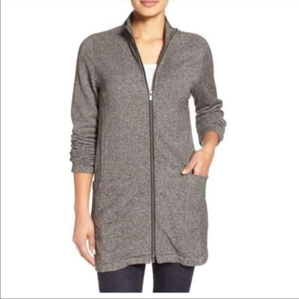 Black Eileen Fisher Gray Organic Cotton Zip Up Long Sleeve Cardigan